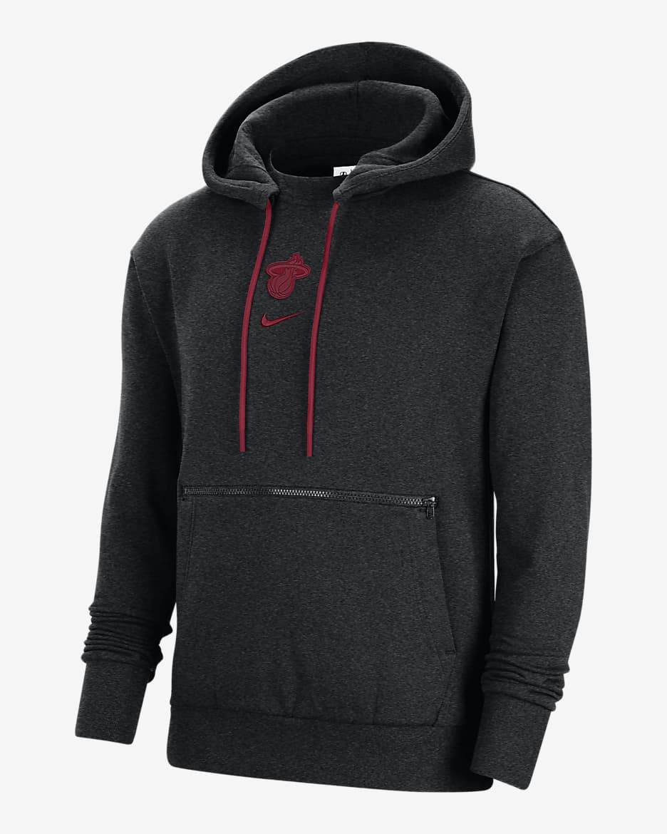 Sudadera con gorro sin cierre de tejido Fleece Nike de la NBA para hombre Miami Heat Courtside - Negro jaspeado/Rojo duro