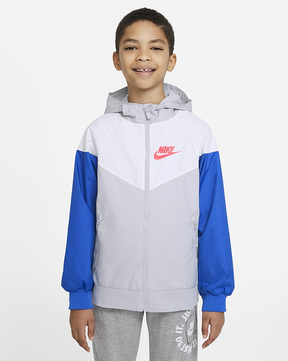 Nike Sportswear Windrunner Big Kids' (Boys') Loose Hip-Length Hooded Jacket - Grey Fog/Summit White/Laser Blue/Bright Crimson