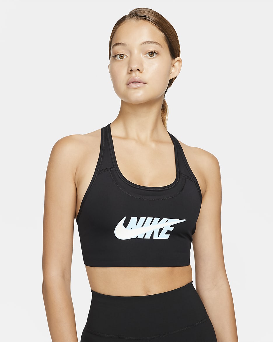 Bra deportivo sin almohadilla con gráfico de media sujeción para mujer Nike Swoosh Icon Clash - Negro/Negro/Gris humo oscuro