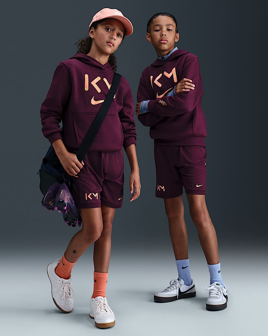 Fotbalové kraťasy Kylian Mbappé Academy Nike Dri-FIT pro větší děti - Bordeaux/Bordeaux/Orange Pulse/Melon Tint