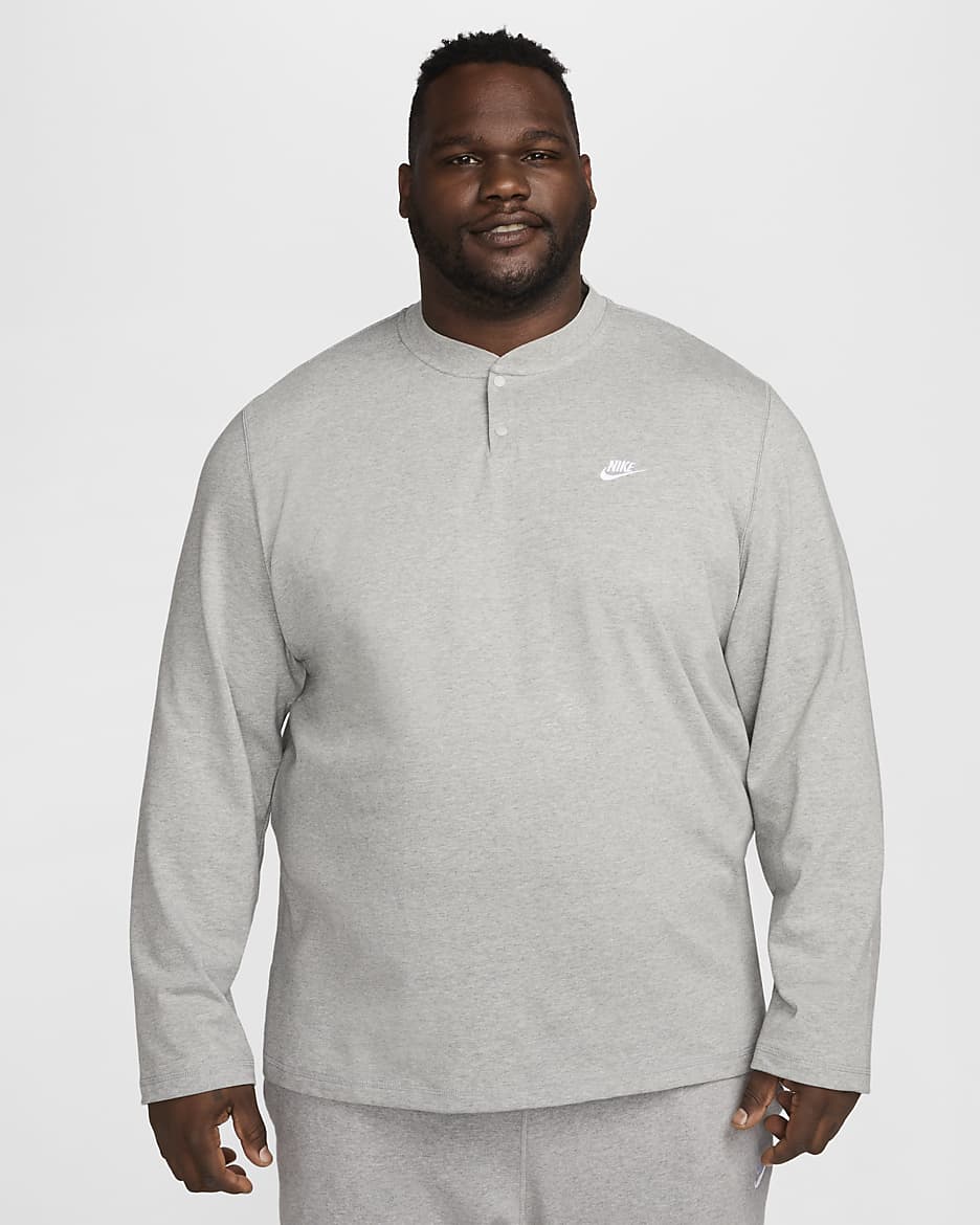 Henley de manga larga para hombre Nike Club - Gris oscuro jaspeado/Gris humo claro/Blanco