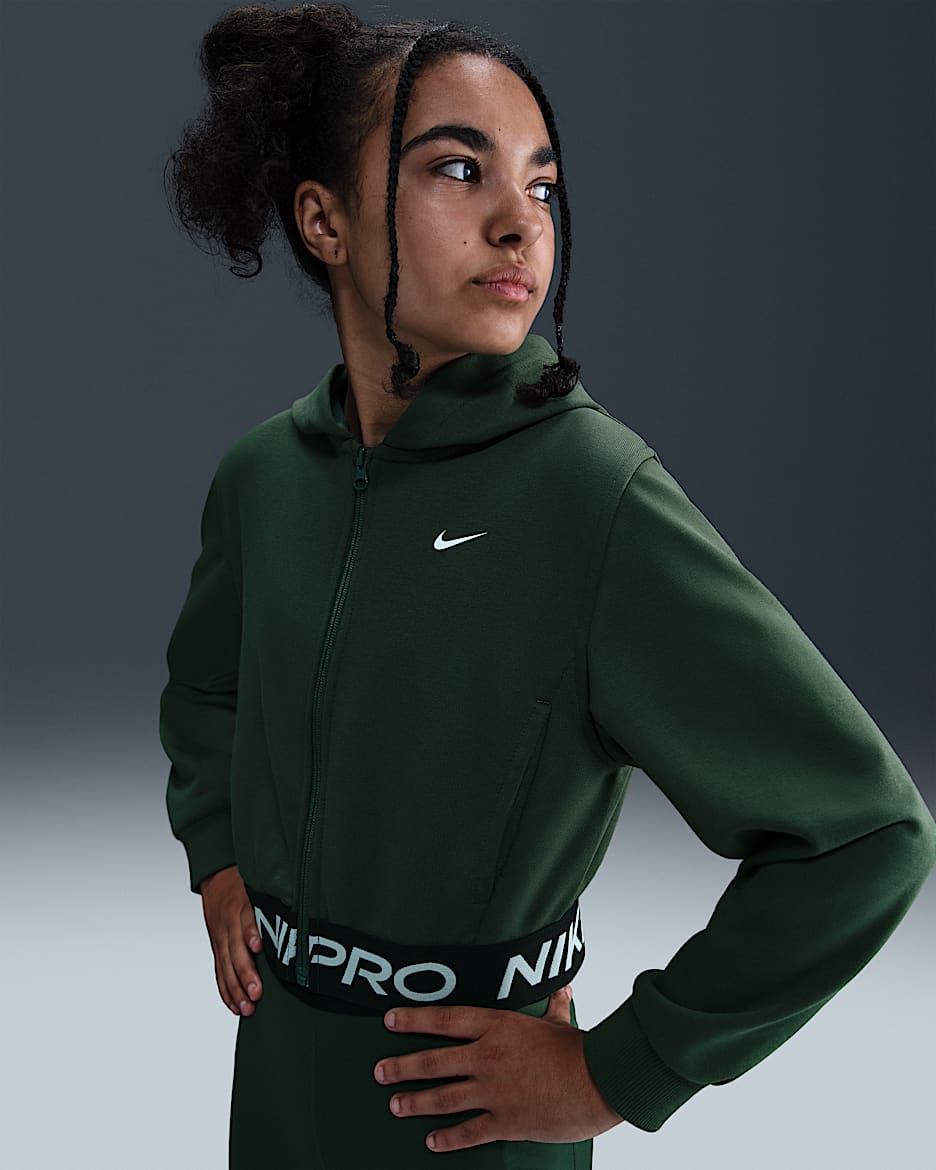 Nike Pro Fleece Big Kids' (Girls') Dri-FIT Full-Zip Hoodie - Fir/Fir/Black/White