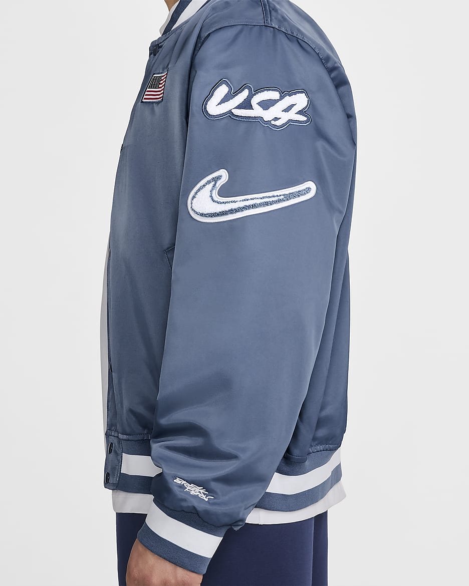 Chamarra Nike Breaking de satén para hombre USA Dogout - Azul difuso/Azul marino místico