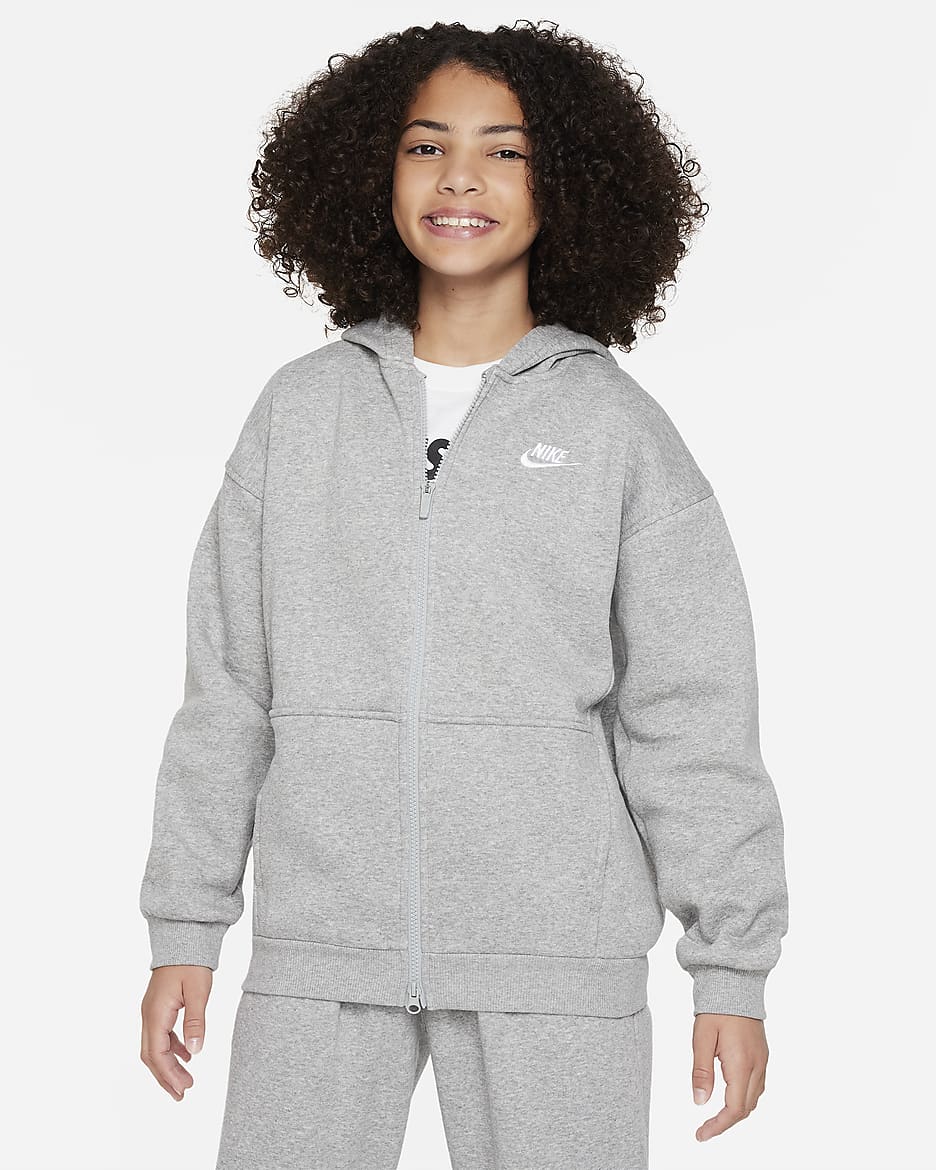 Nike Sportswear Club Fleece Big Kids' Oversized Full-Zip Hoodie - Dark Grey Heather/White