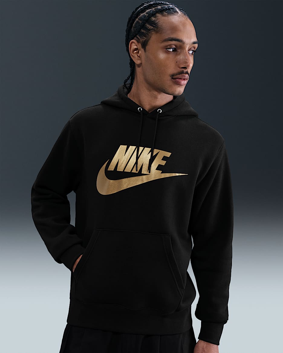 Nike Sportswear Club Men's Fleece Pullover Hoodie - Black/Black/Metallic Gold