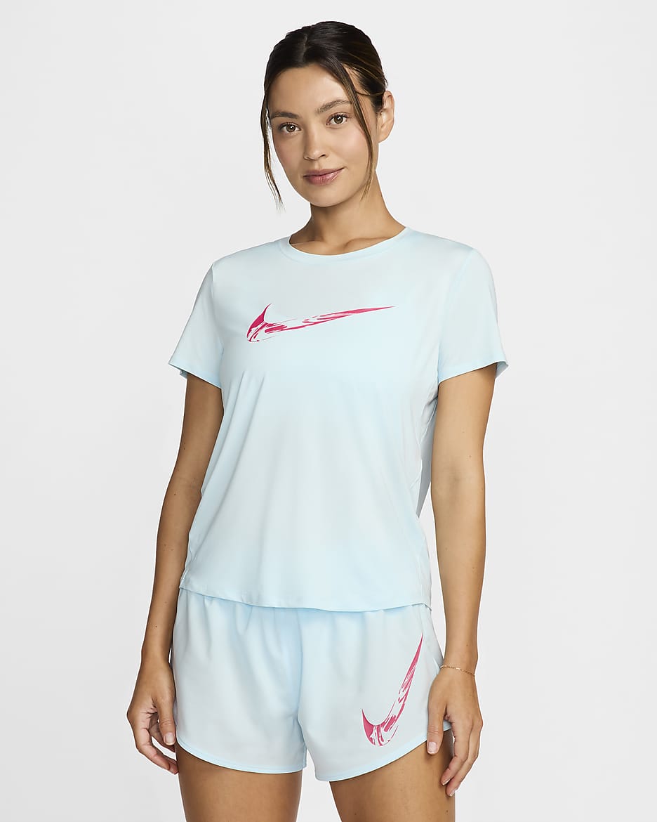 Haut de running à motif et manches courtes Dri-FIT Nike One pour femme - Glacier Blue/Aster Pink