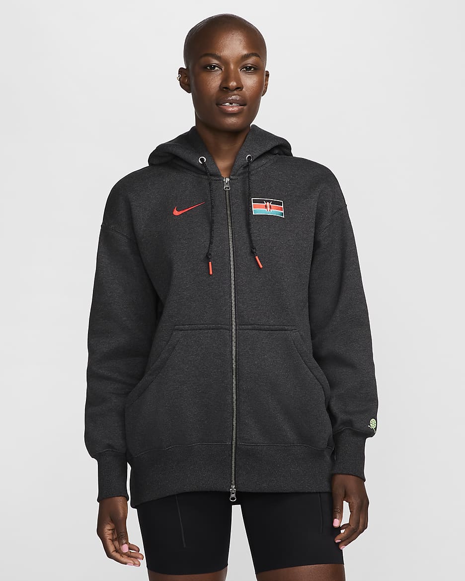 Team Kenia Phoenix Fleece Nike oversized fleecehoodie met rits over de hele lengte voor dames - Black Heather/Key Lime/Zwart/Chile Red