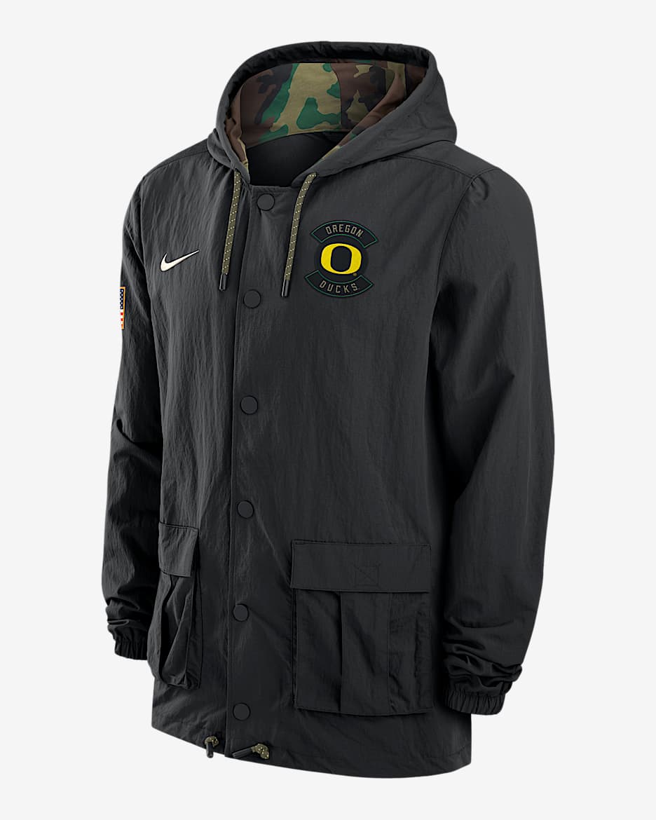 Oregon Men's Nike Full-Snap Hooded Military Jacket - Black