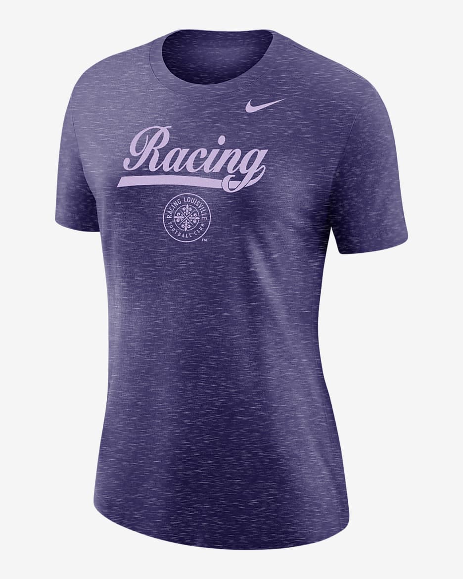 Playera universitaria de fútbol Nike para mujer Racing Louisville - Orquídea nuevo