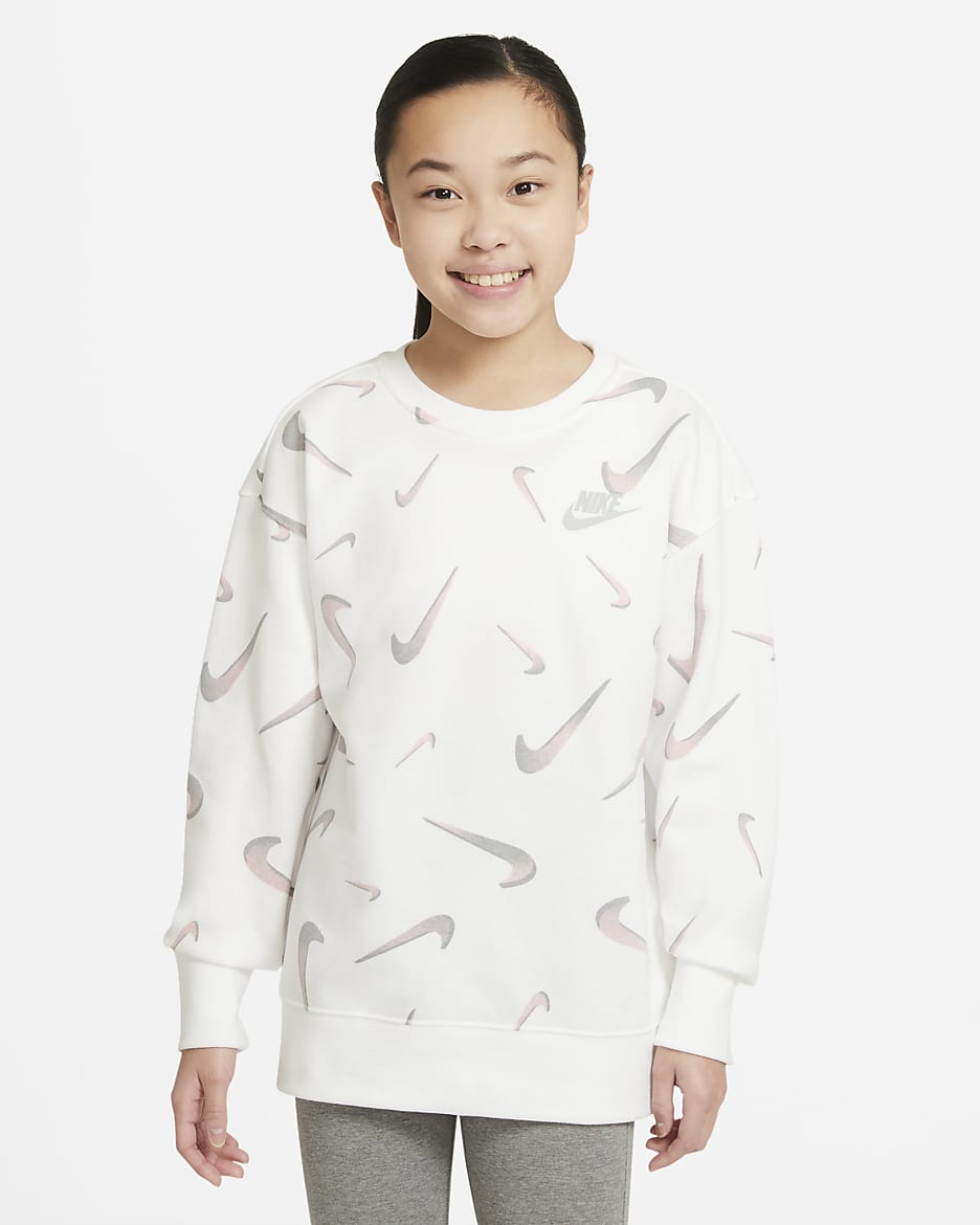 Nike Sportswear Big Kids' (Girls') French Terry Printed Crew - White/Light Smoke Grey
