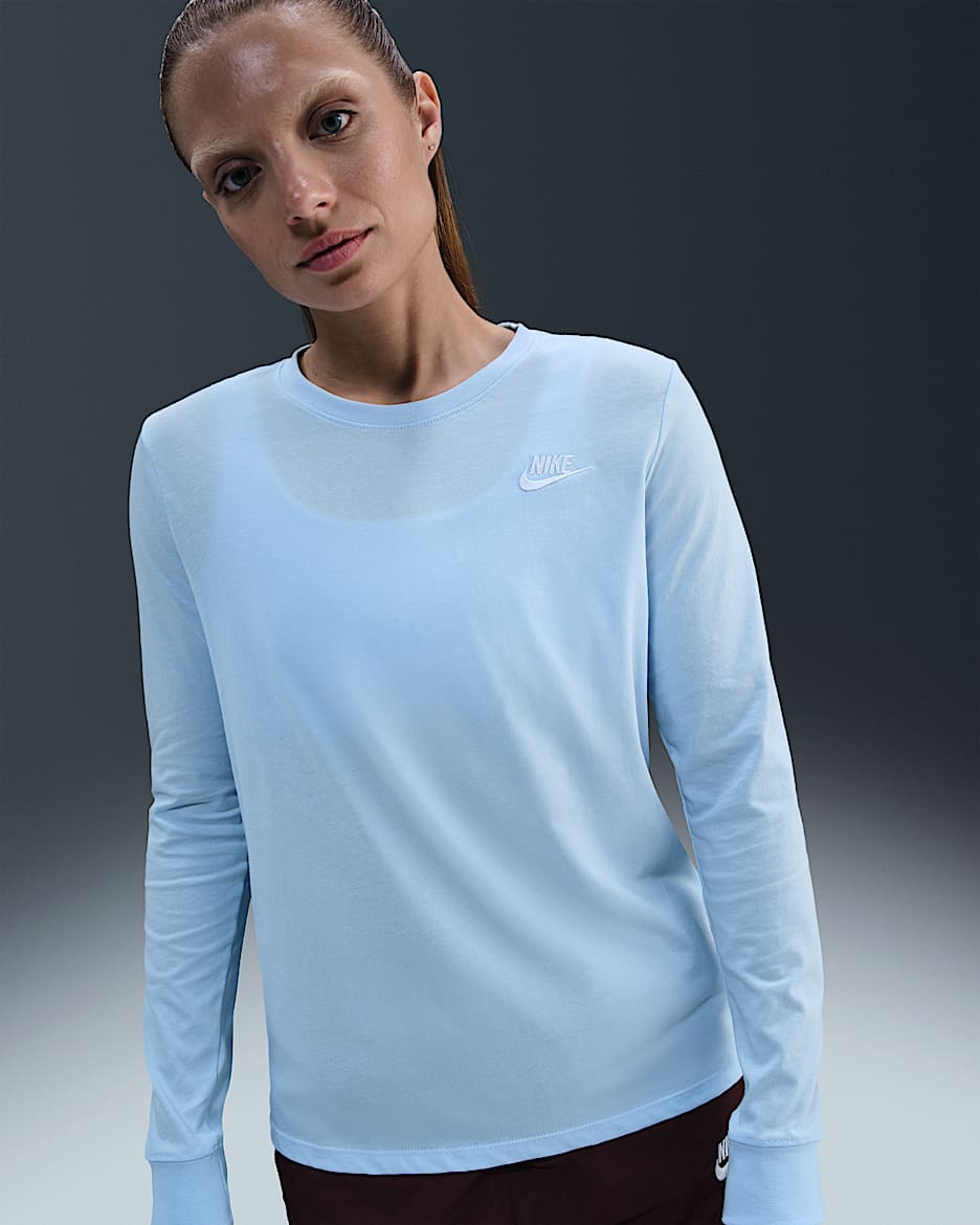 Playera de manga larga para mujer Nike Sportswear Club - Azul celestino/Blanco