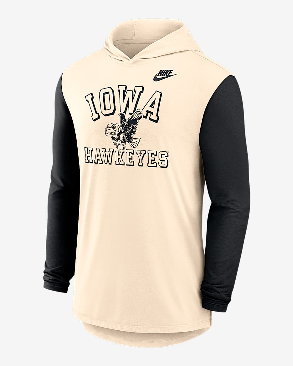 Playera de manga larga con gorro universitaria Nike Dri-FIT para hombre Iowa Legacy - Natural