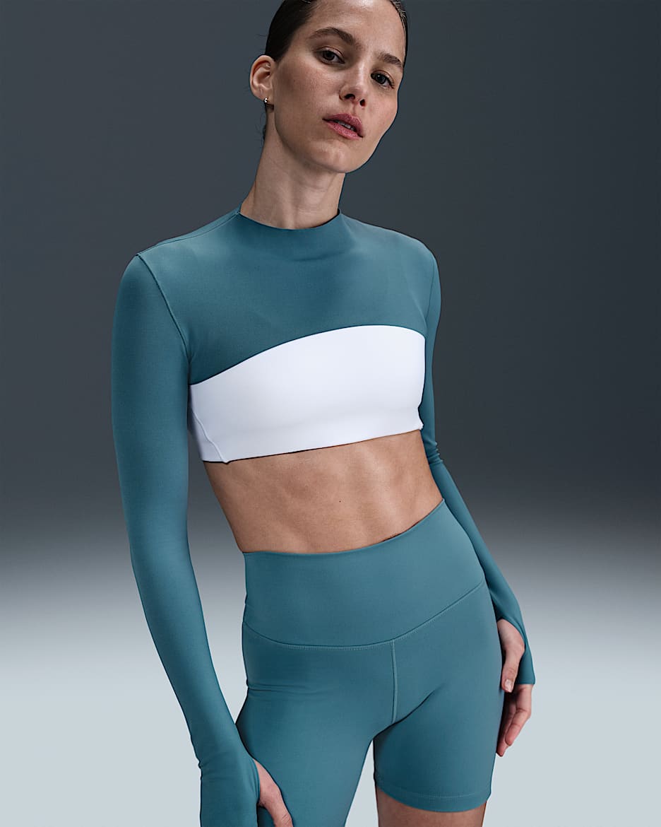Top corto de manga larga Dri-FIT para mujer Nike Zenvy - Azul humeante/Blanco