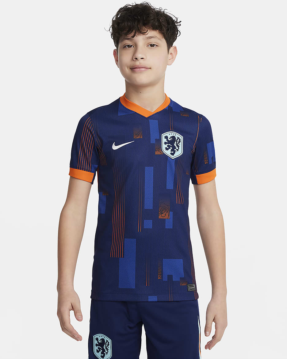 Netherlands (Men's Team) 2024/25 Stadium Away Older Kids' Nike Dri-FIT Football Replica Shirt - Blue Void/Safety Orange/Copa/White