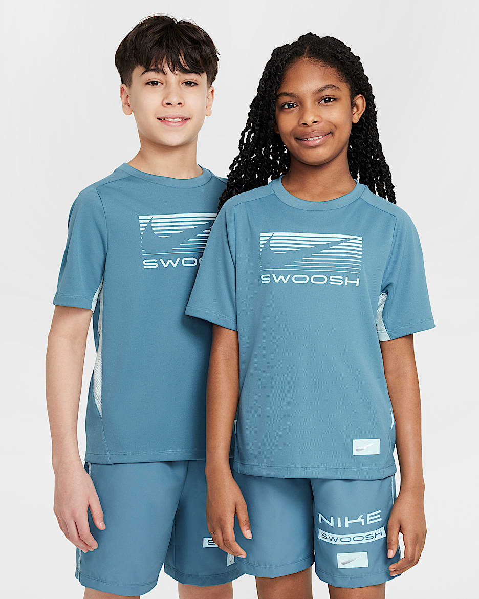 Playera de manga corta Dri-FIT para niños talla grande Nike Multi - Azul humeante/Azul glacial