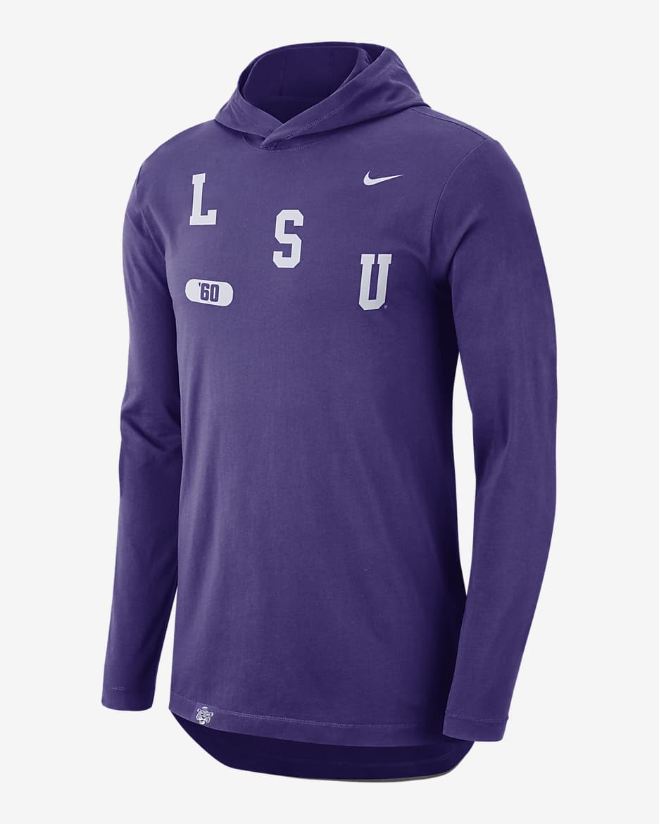 Playera de manga larga con gorro Nike Dri-FIT College para hombre LSU - Morado cancha/Blanco