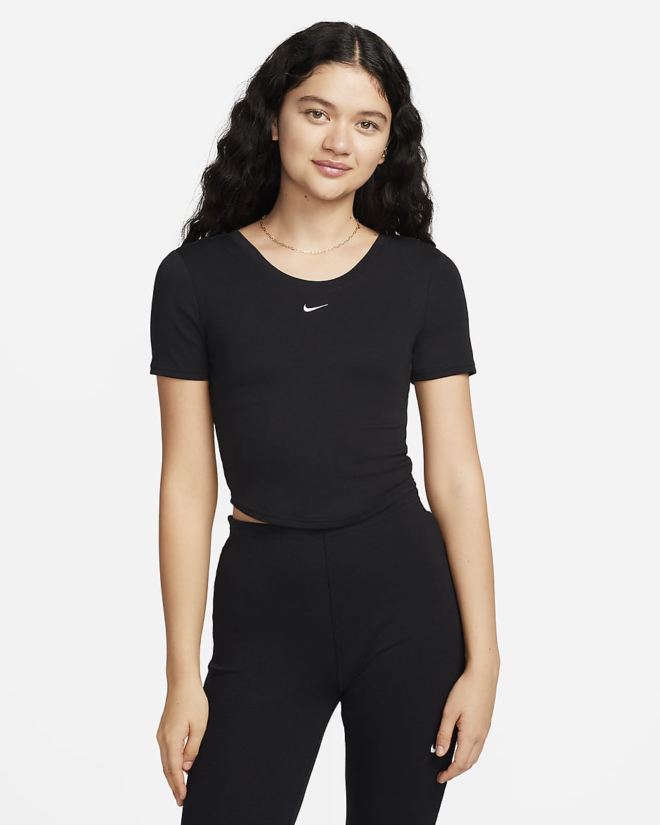 Camisola minicanelada de manga curta justa com costas cavadas Nike Sportswear Chill Knit para mulher - Preto/Sail