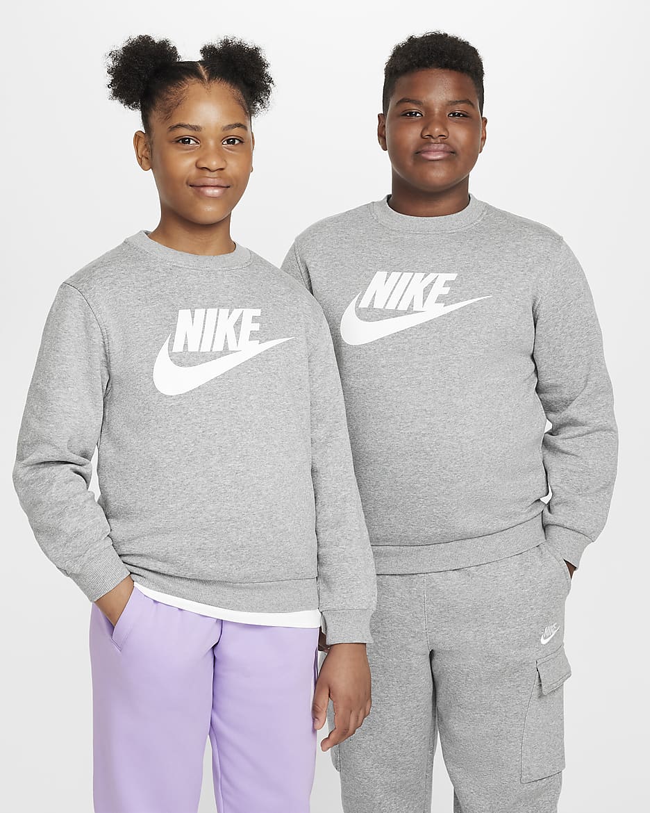 Nike Sportswear Club Fleece Big Kids' Sweatshirt (Extended Size) - Dark Grey Heather/White