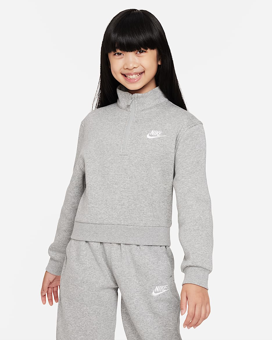Nike Sportswear Club Fleece Big Kids' (Girls') 1/2-Zip Long-Sleeve Top - Dark Grey Heather/White