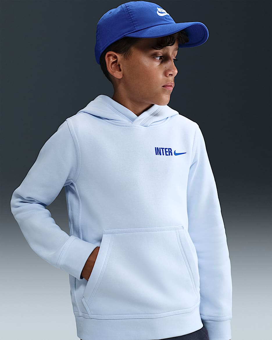 Inter Milan Club Big Kids' (Boys') Nike Soccer Fleece Pullover Hoodie - Football Grey/Lyon Blue