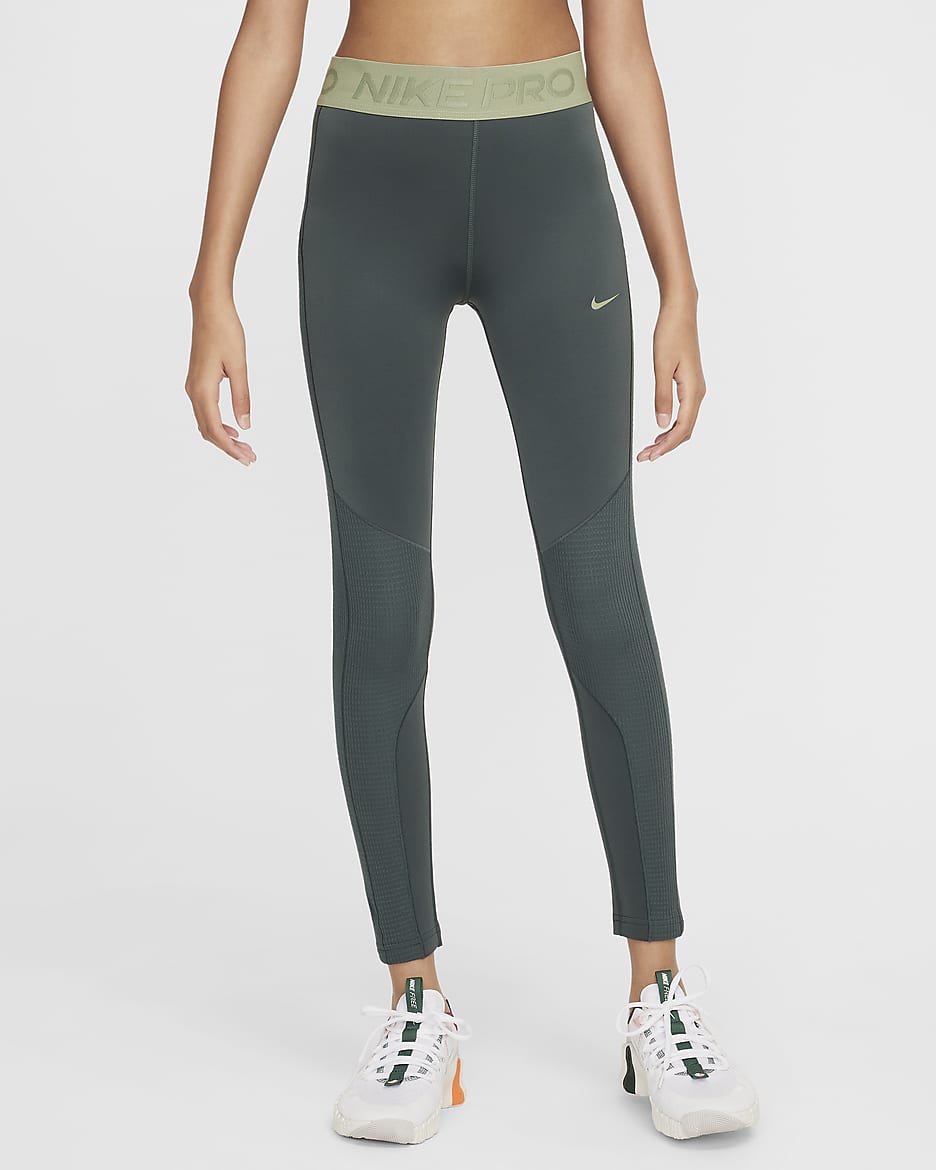 Nike Pro Girls' Therma-FIT Mid-Rise Leggings - Vintage Green/Black/Oil Green