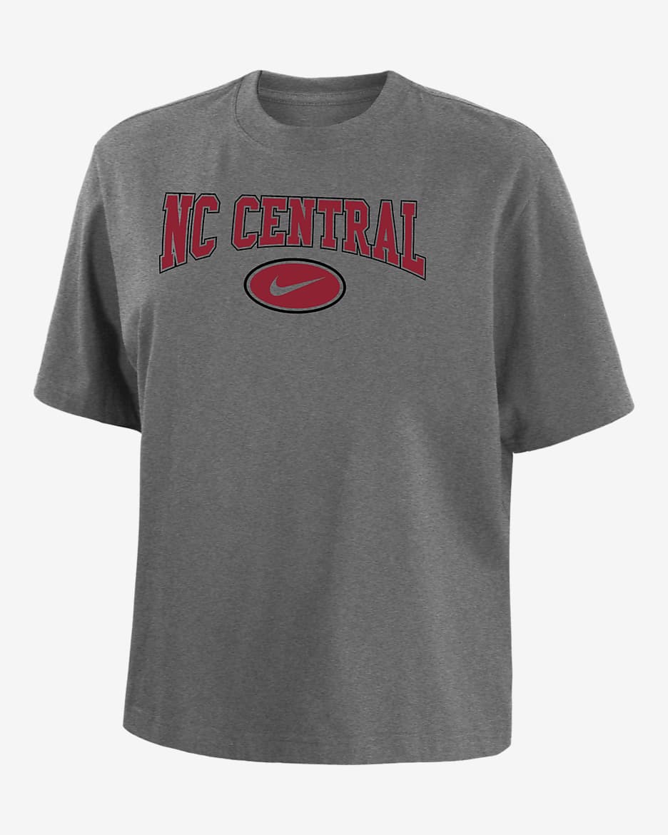 North Carolina Central Playera de corte cuadrado universitaria Nike para mujer - Gris oscuro jaspeado
