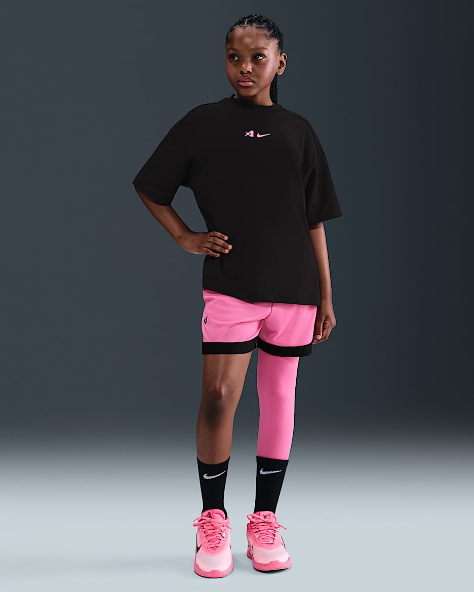 A'ja Wilson Girls' A'symmetric Mid-Rise Single-Leg Basketball Leggings - Pinksicle/Black
