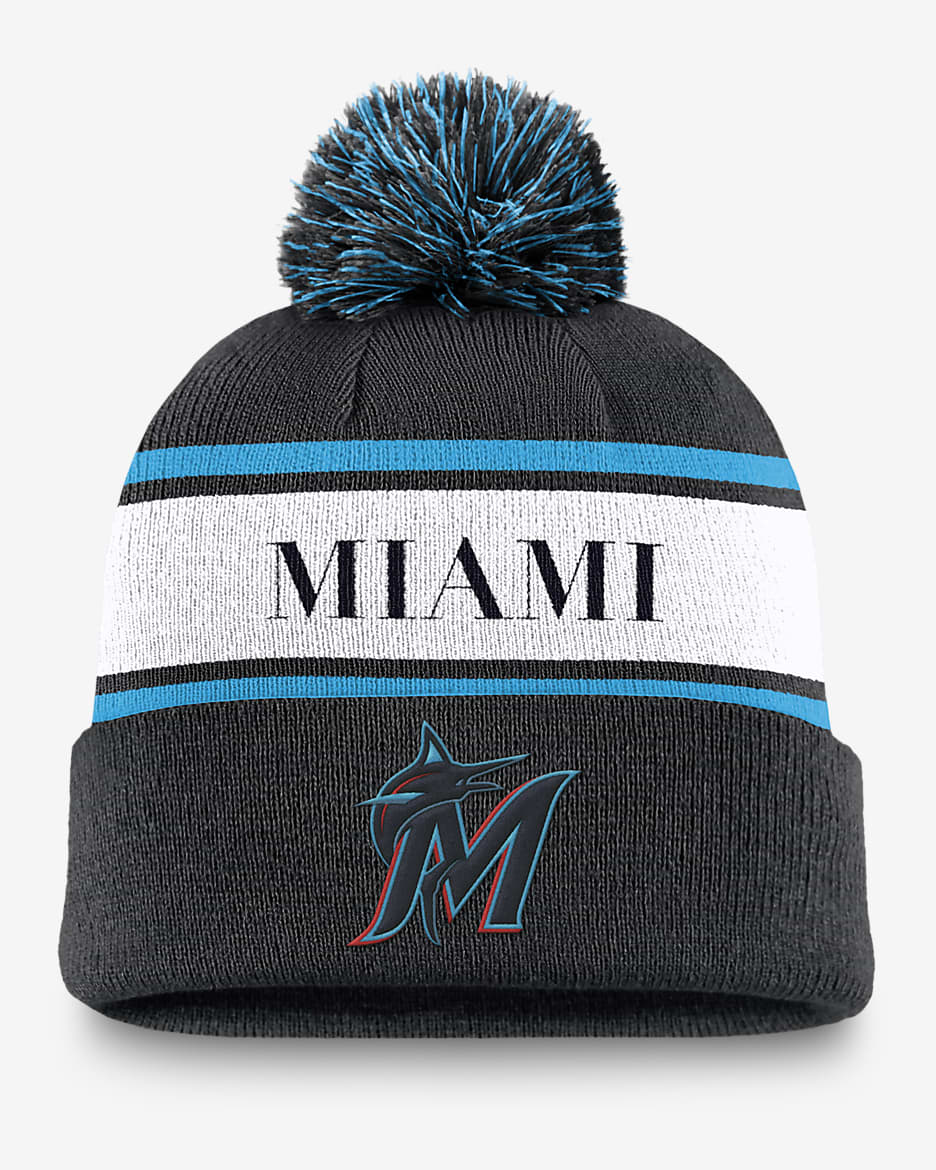 Miami Marlins Team Stripe Peak Men's Nike MLB Cuffed Pom Beanie - Black