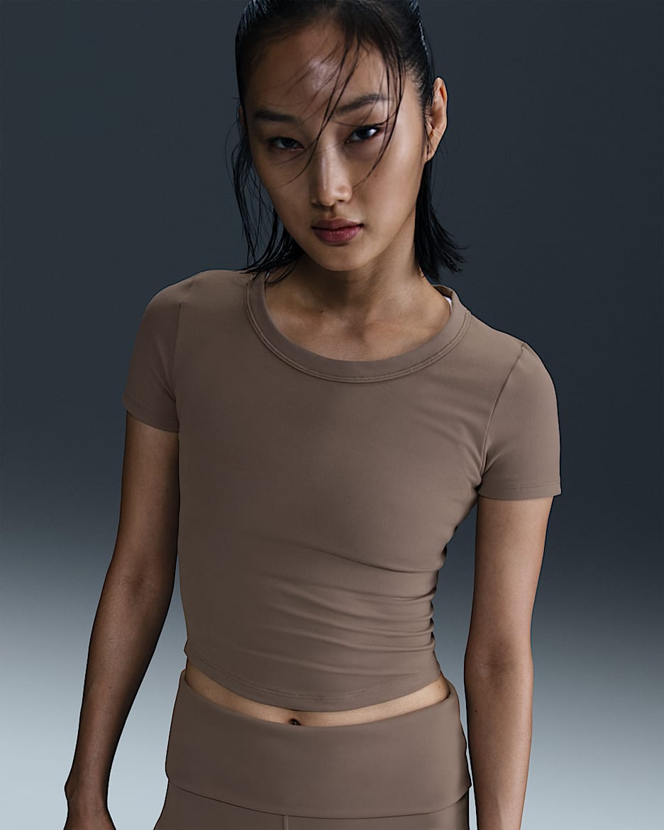 Nike One Fitted Women's Dri-FIT Short-Sleeve Cropped Top - Mink Brown/Black