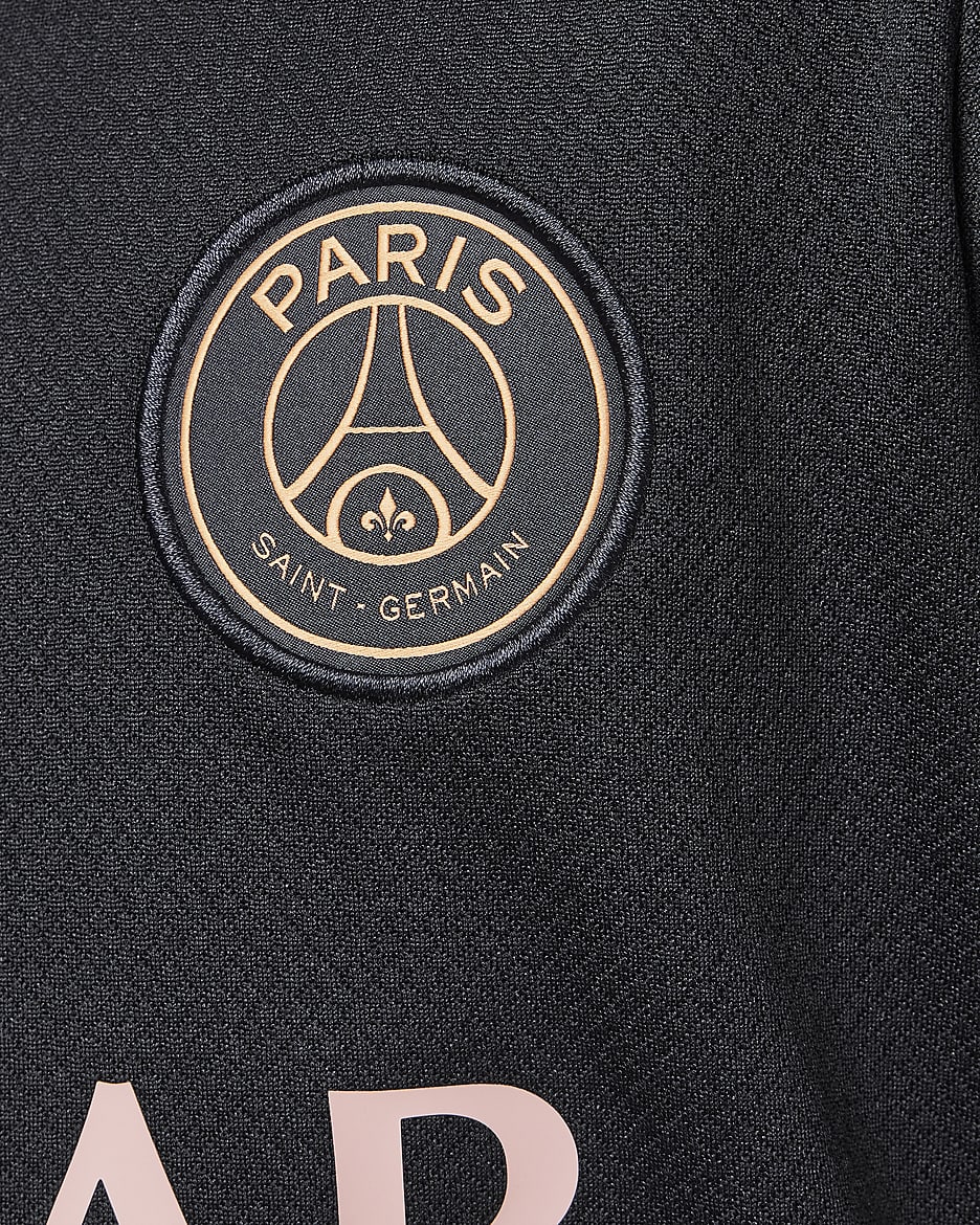 Dzianinowa koszulka piłkarska z krótkim rękawem dla dużych dzieci Jordan Dri-FIT Paris Saint-Germain Strike (wersja trzecia) - Czerń/Czerń/Rust Pink/Rust Pink