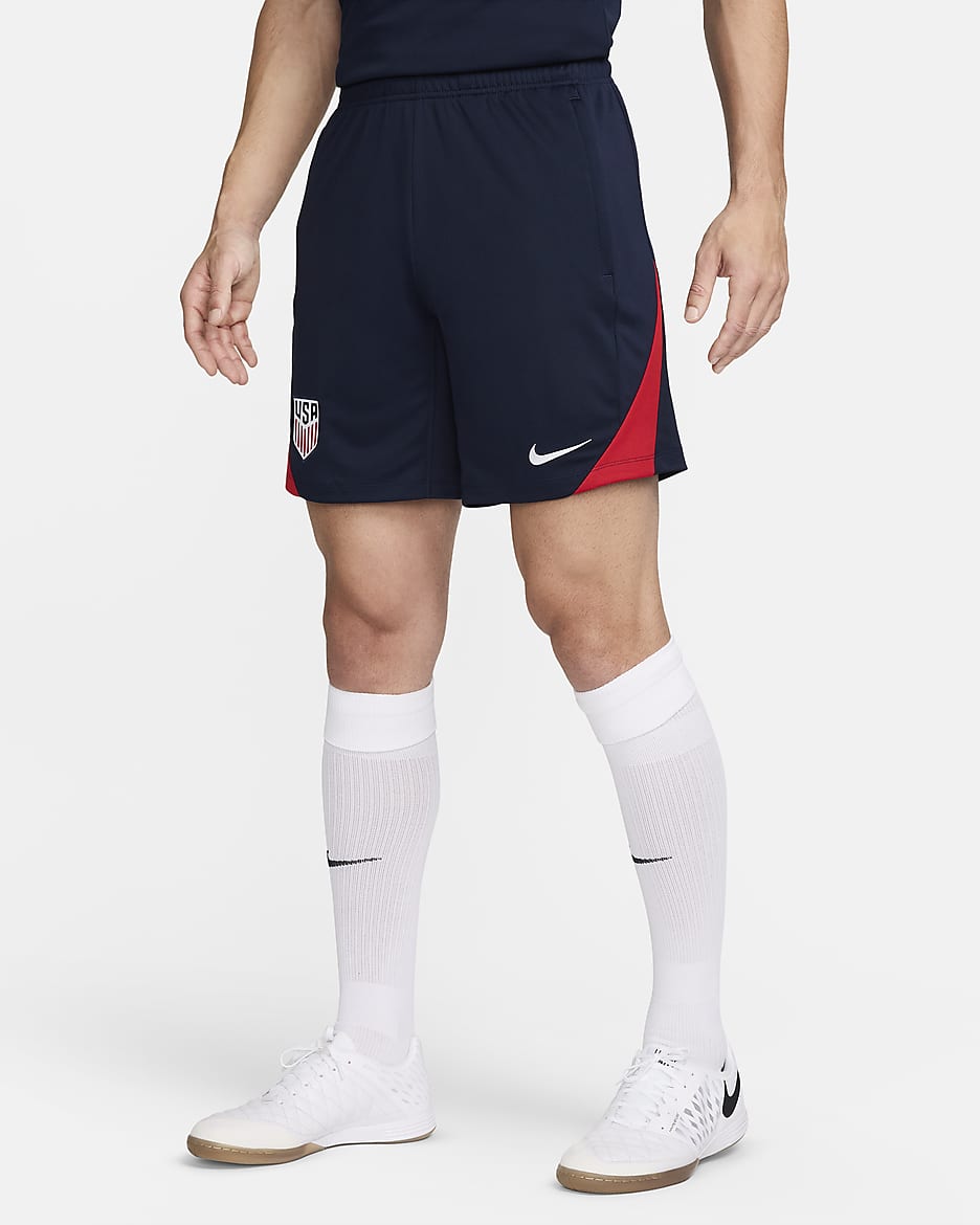 Shorts de fútbol de tejido Knit Nike Dri-FIT para hombre de la selección nacional de fútbol masculino de Estados Unidos Strike - Obsidiana/Rojo deportivo/Blanco