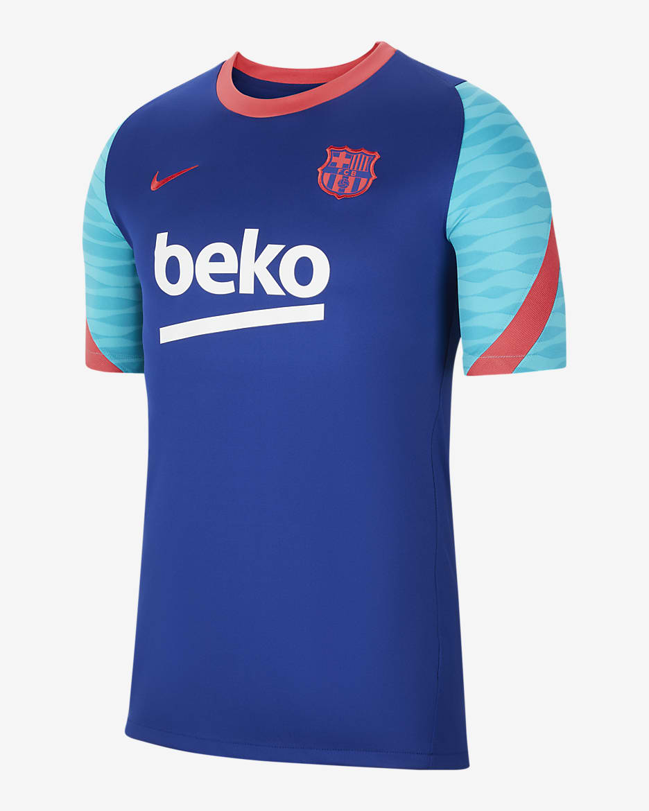 FC Barcelona Strike Men's Short-Sleeve Soccer Top - Deep Royal Blue/Deep Royal Blue/Oracle Aqua/Light Fusion Red
