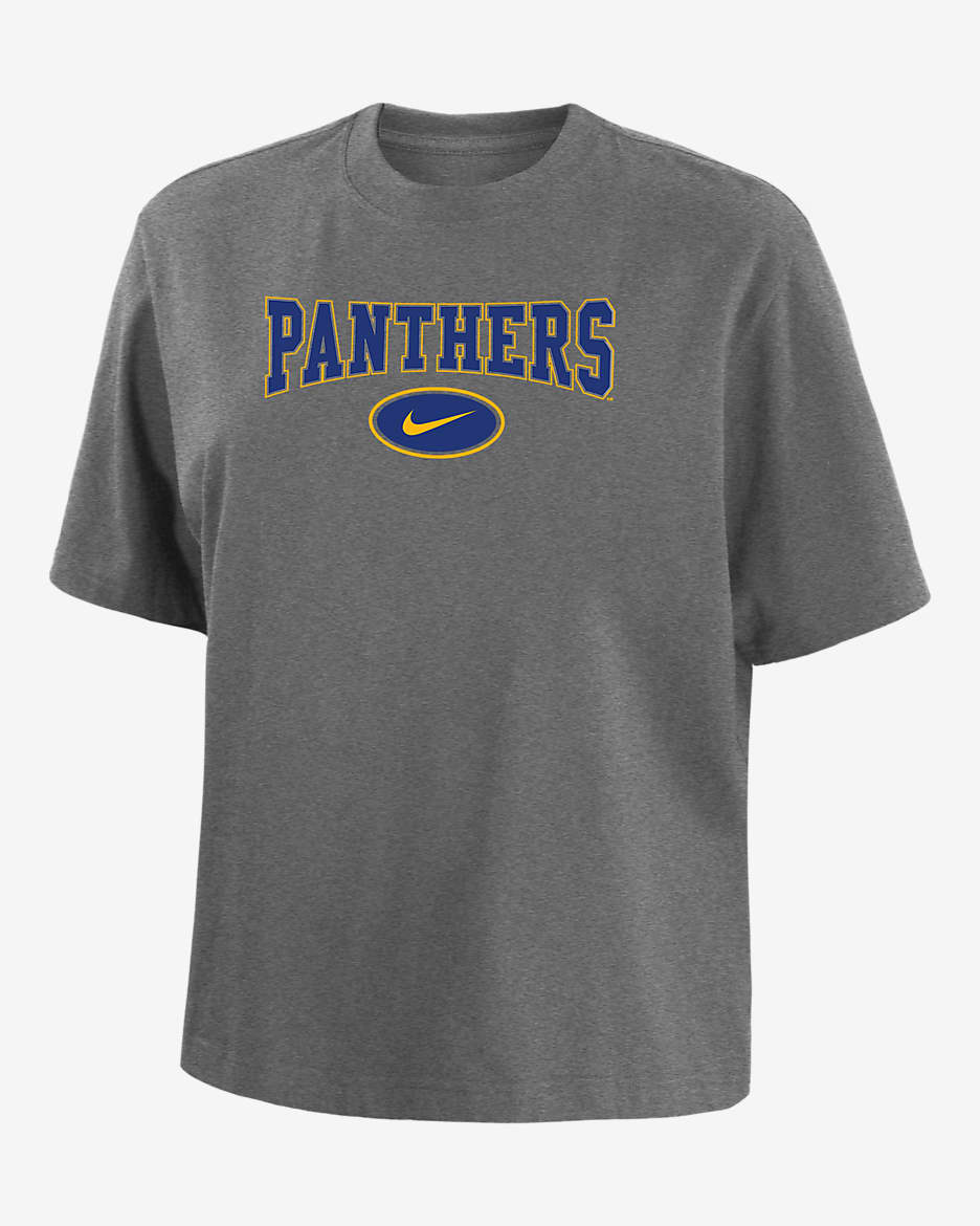 Playera de corte cuadrado universitaria Nike para mujer Pitt - Gris oscuro jaspeado