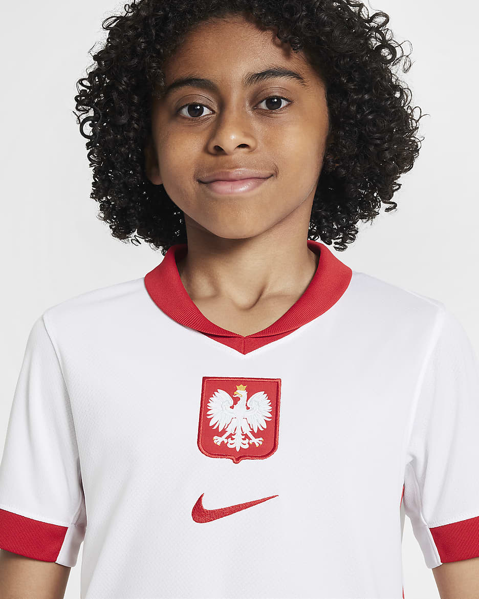 Lengyelország 2024/25 Stadium hazai Nike Dri-FIT replika futballmez nagyobb gyerekeknek - Fehér/Sport Red/Sport Red