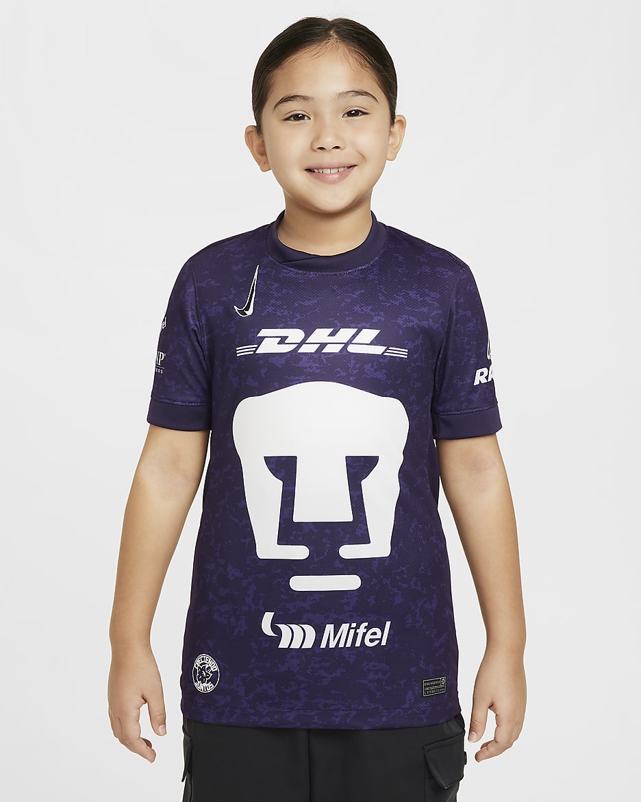 Pumas UNAM alternativo 2024/25 Stadium Jersey de fútbol Nike Dri-FIT Replica para niños talla grande - Morado dinastía/Blanco/Blanco