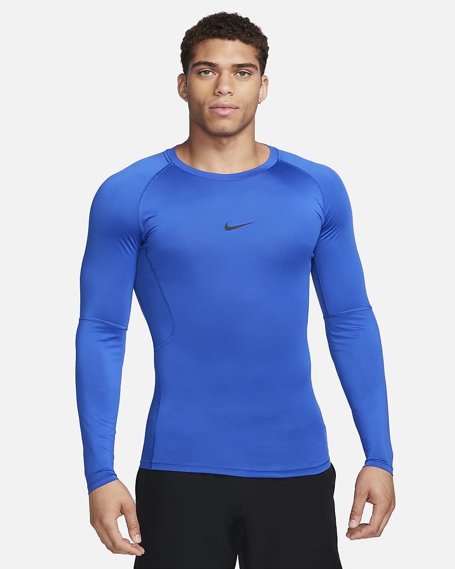 Nike Pro Dri-FIT tettsittende, langermet treningsoverdel til herre - Game Royal/Svart