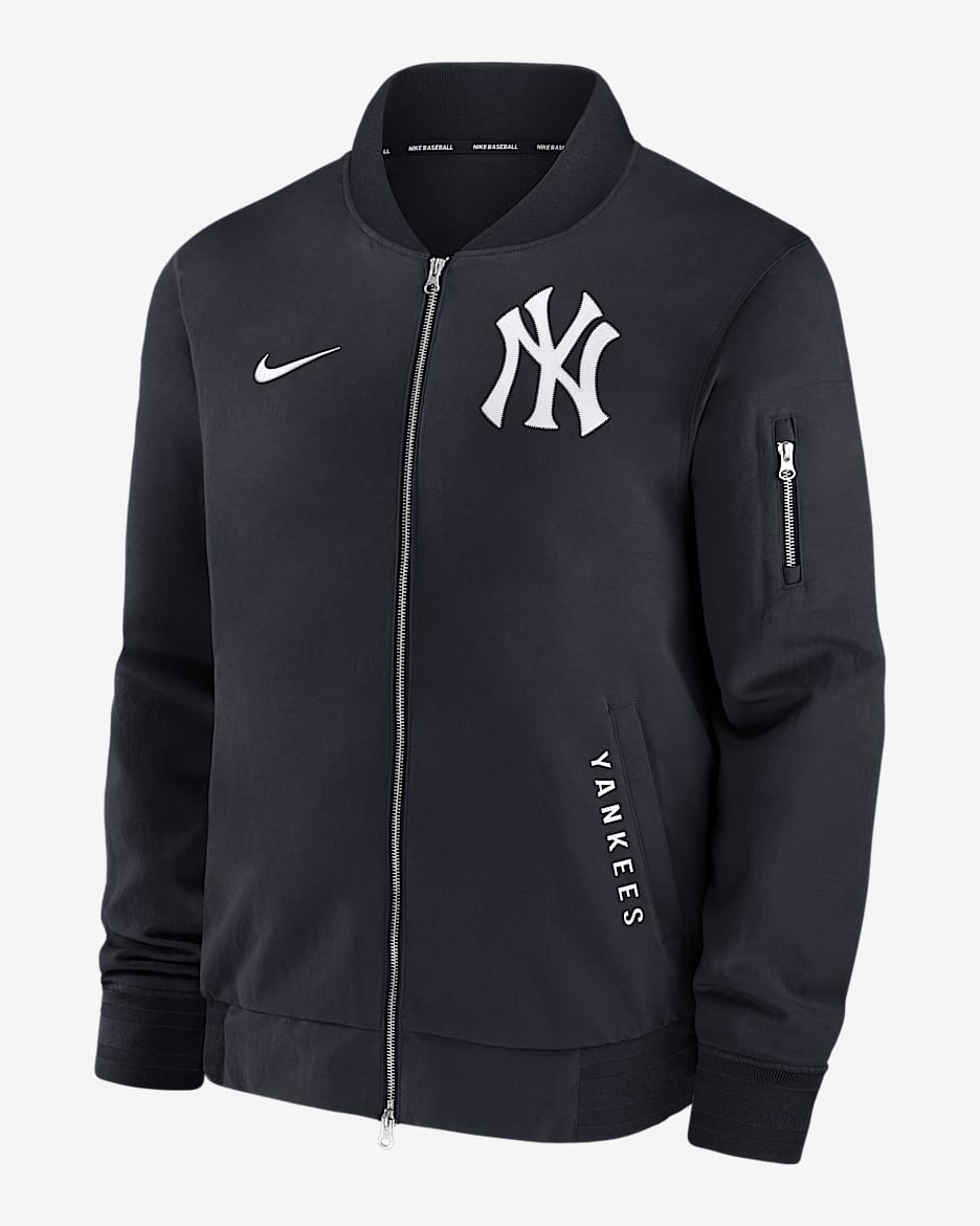 Chamarra bomber de la MLB de cierre completo Nike para hombre New York Yankees Authentic Collection Dugout - Azul campo de juego