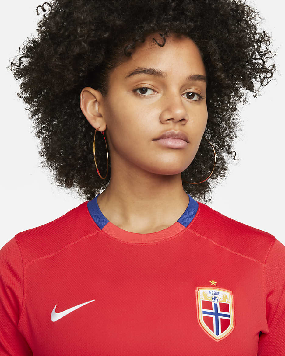 Jersey de fútbol Nike Dri-FIT de Noruega local 2023 Stadium para mujer - Rojo mundial/Azul mundial/Blanco