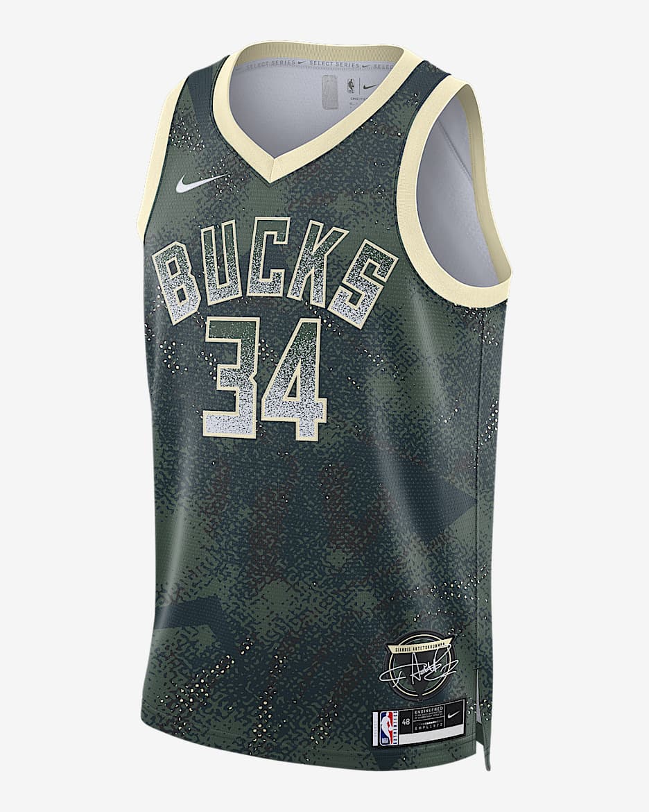 Jersey Nike Dri-FIT de la NBA Swingman para hombre Giannis Antetokounmpo Milwaukee Bucks 2025/26 Select Series - Abeto/Blanco