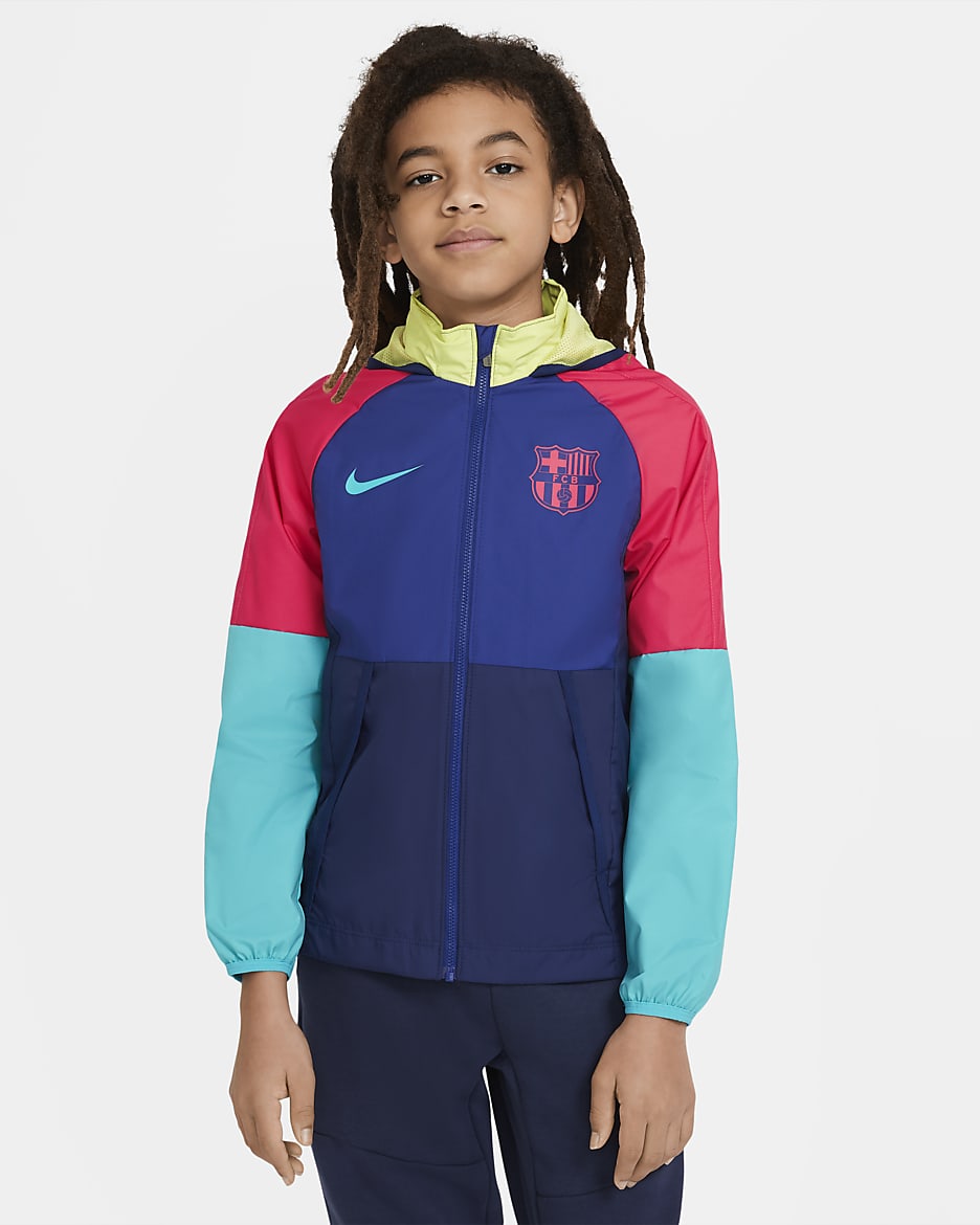 FC Barcelona AWF Big Kids' Soccer Jacket - Deep Royal Blue/Blue Void/Light Fusion Red/Oracle Aqua