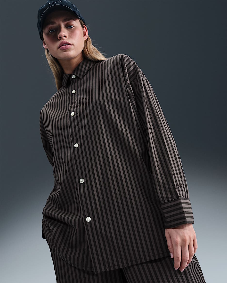 Nike Sportswear Chill Poplin Women's Oversized Striped Button-Down Top - Black/Thunder Grey/Black