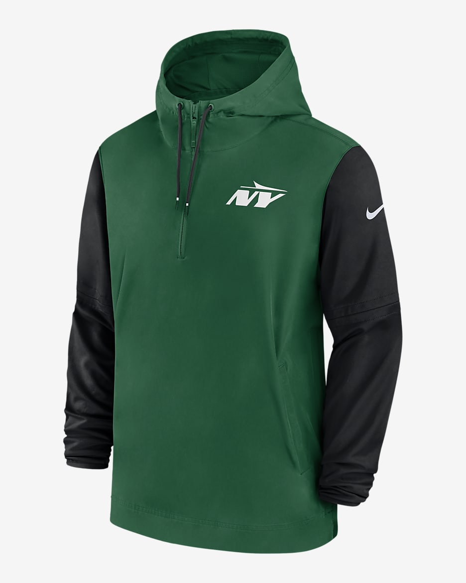 Chamarra Nike de la NFL con gorro de medio cierre para hombre New York Jets Sideline Pre-Game Player - Verde/Negro