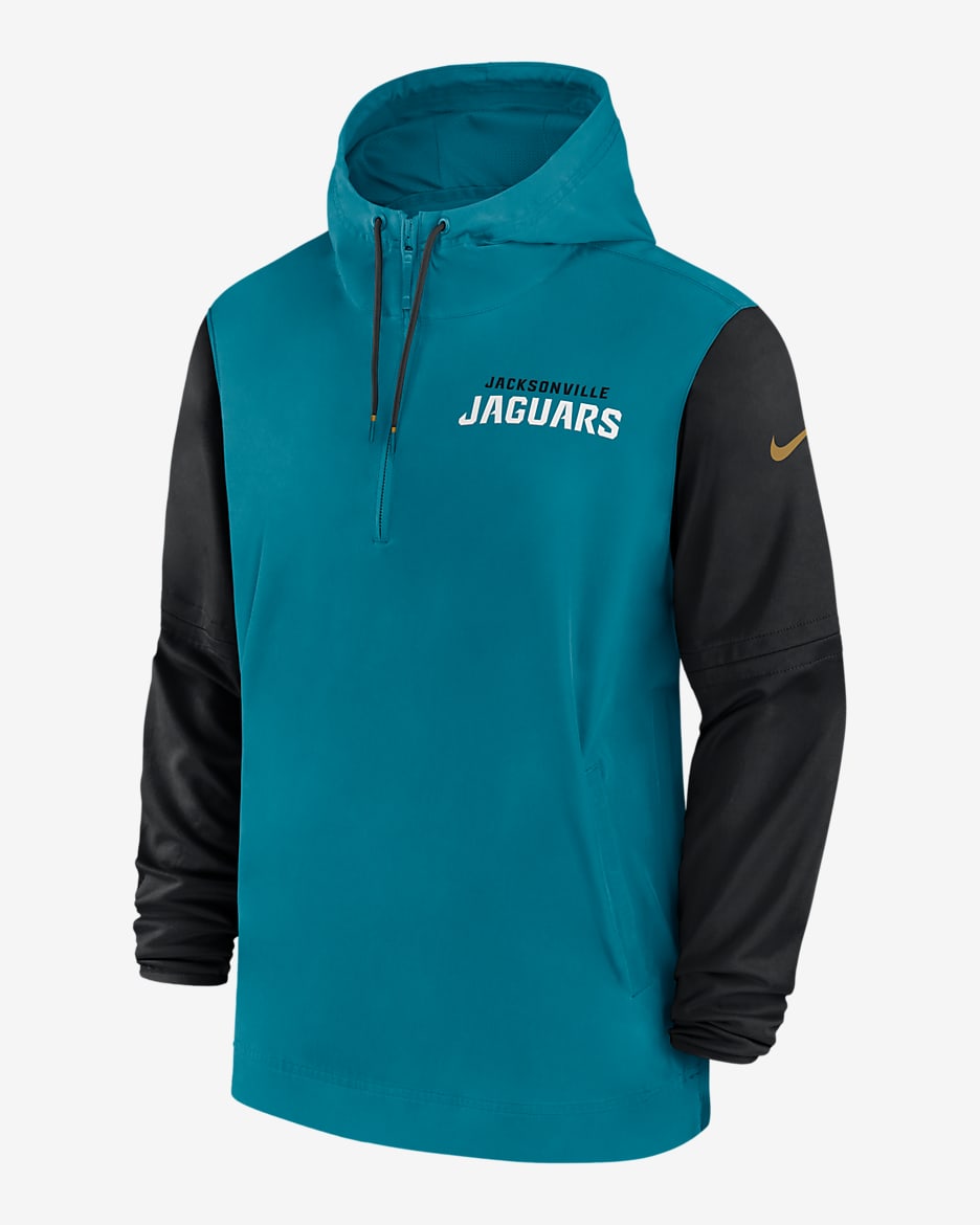 Jacksonville Jaguars Sideline Pre-Game Player Men's Nike NFL 1/2-Zip Hooded Jacket - Teal/Black