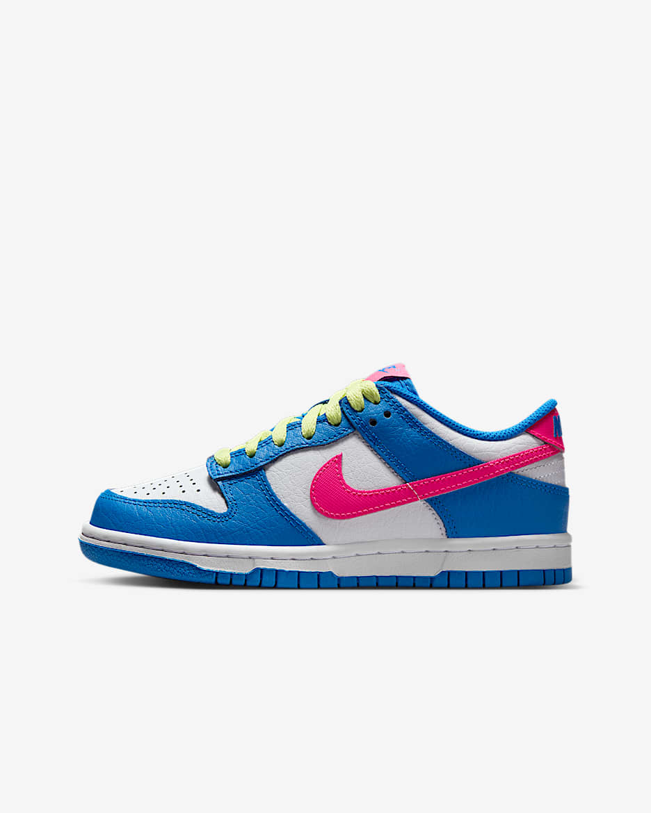 Tenis para niños grandes Nike Dunk Low - Azul foto/Blanco/Toque de limón claro/Hiperrosa