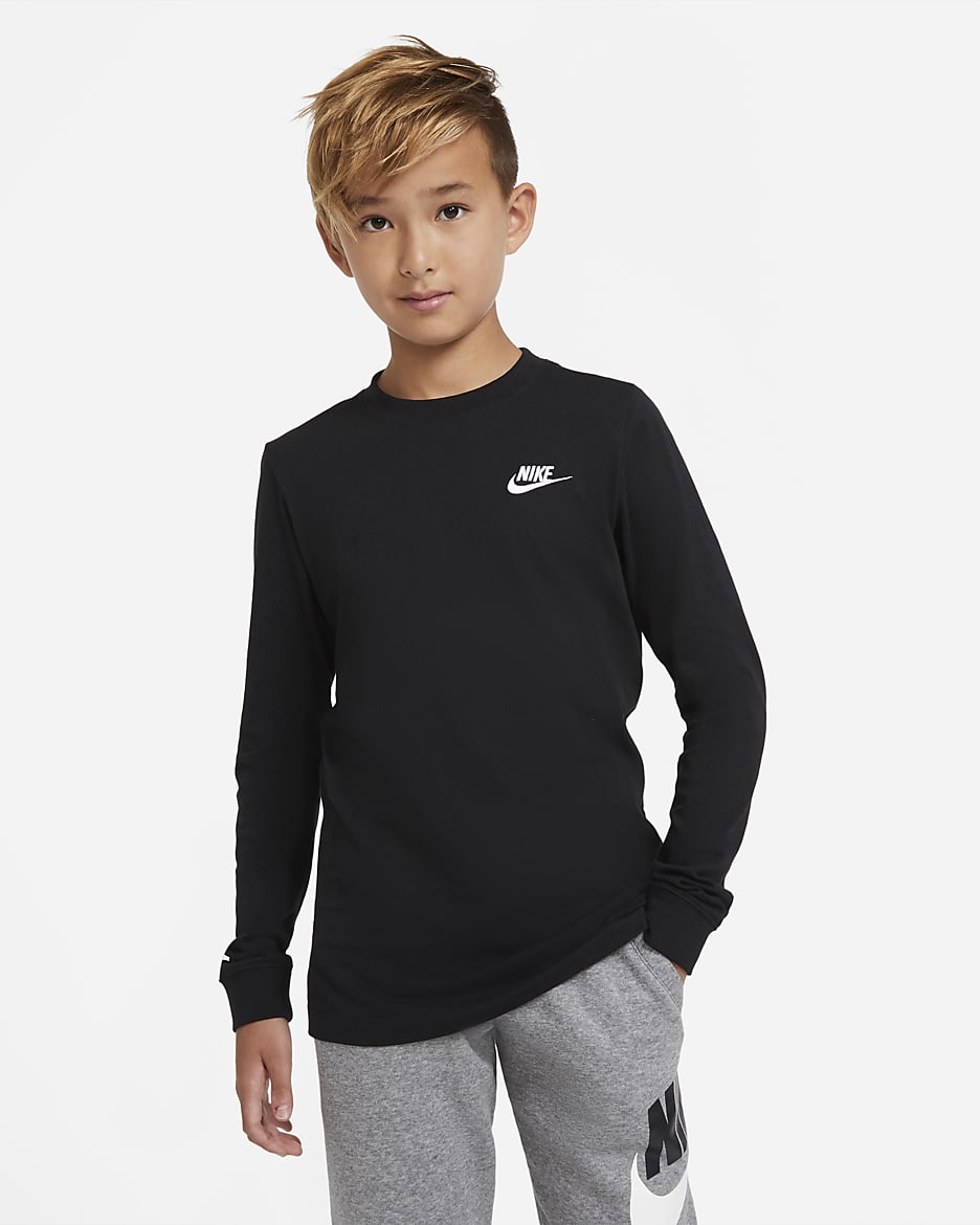 Nike Sportswear langermet T-skjorte til store barn (gutt) - Svart/Hvit