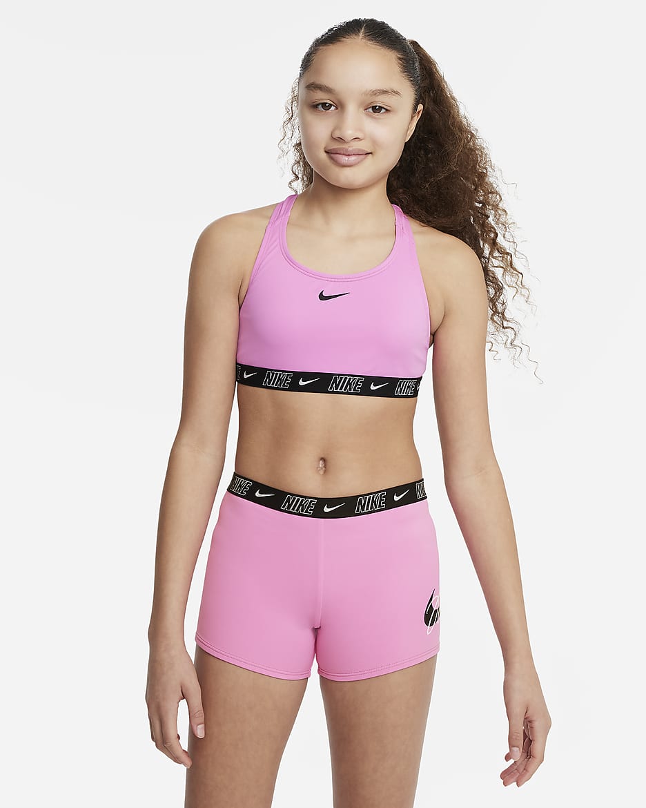 Conjunto de shorts y bikini de espalda deportiva para niña talla grande Nike Swim Logo Tape - Rosa alegre