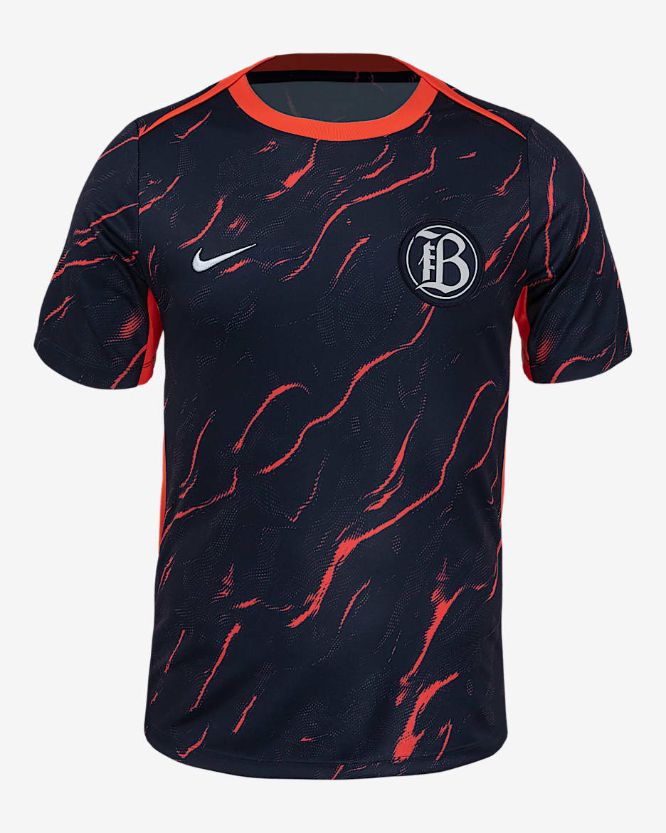 Playera de manga corta Nike de la NWSL para antes del partido para hombre Bay FC 2025 - Coral enérgico/Obsidiana