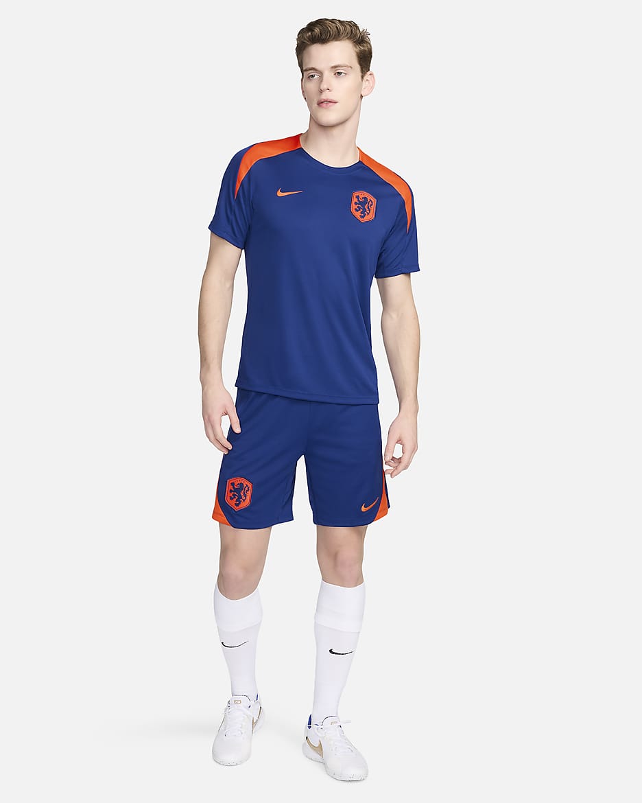 Pánské pleteninové fotbalové tričko Nike Dri-FIT Nizozemsko Strike s krátkým rukávem - Deep Royal Blue/Safety Orange/Safety Orange