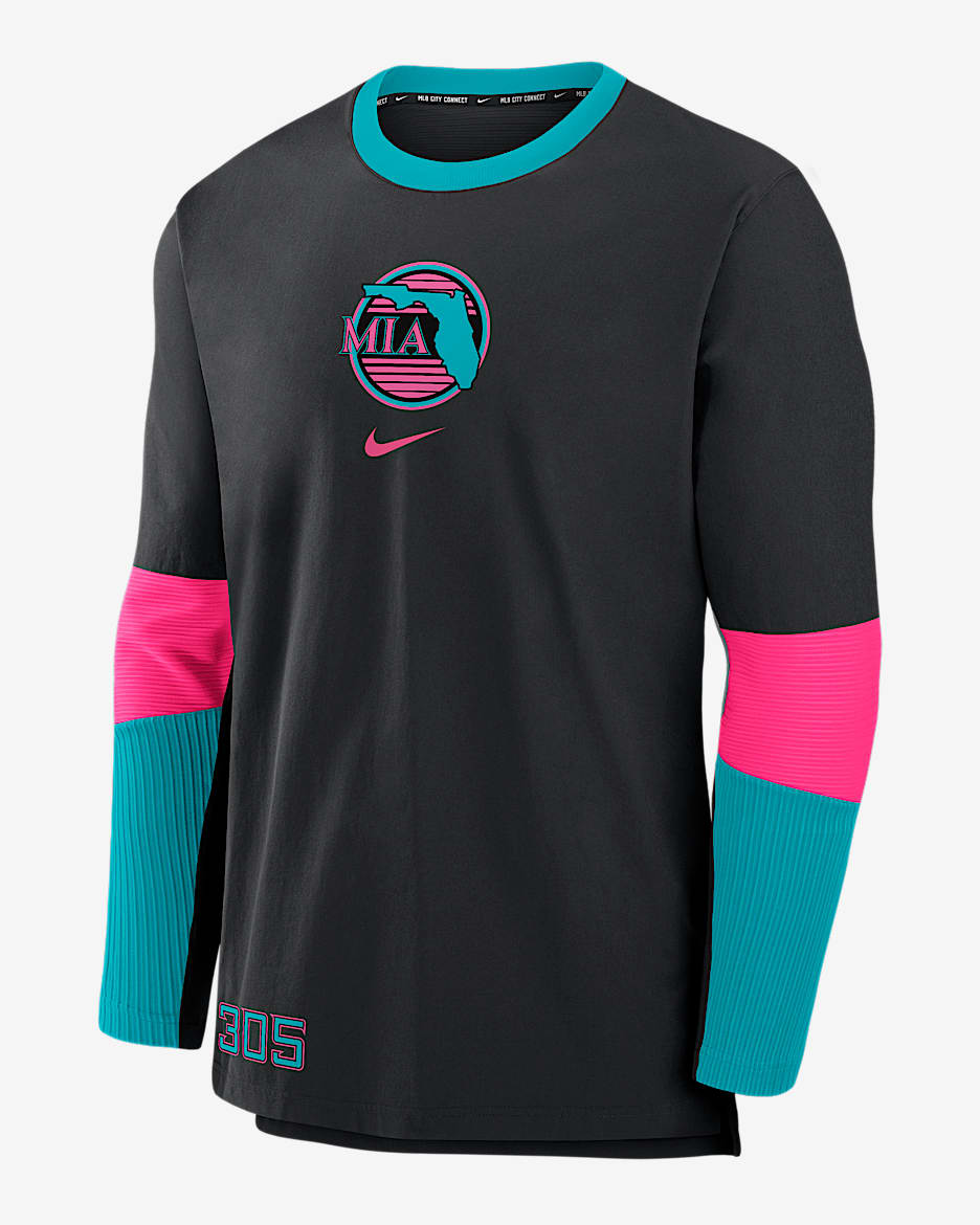 Chamarra sin cierre Nike Dri-FIT de la MLB para hombre Miami Marlins Authentic Collection City Connect Player - Negro