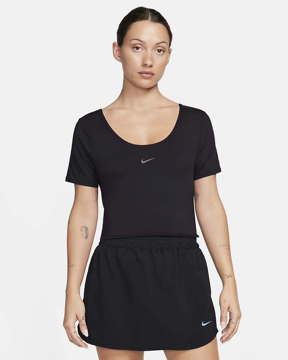 Top de manga curta com detalhe torcido Dri-FIT Nike One Classic para mulher - Preto/Preto